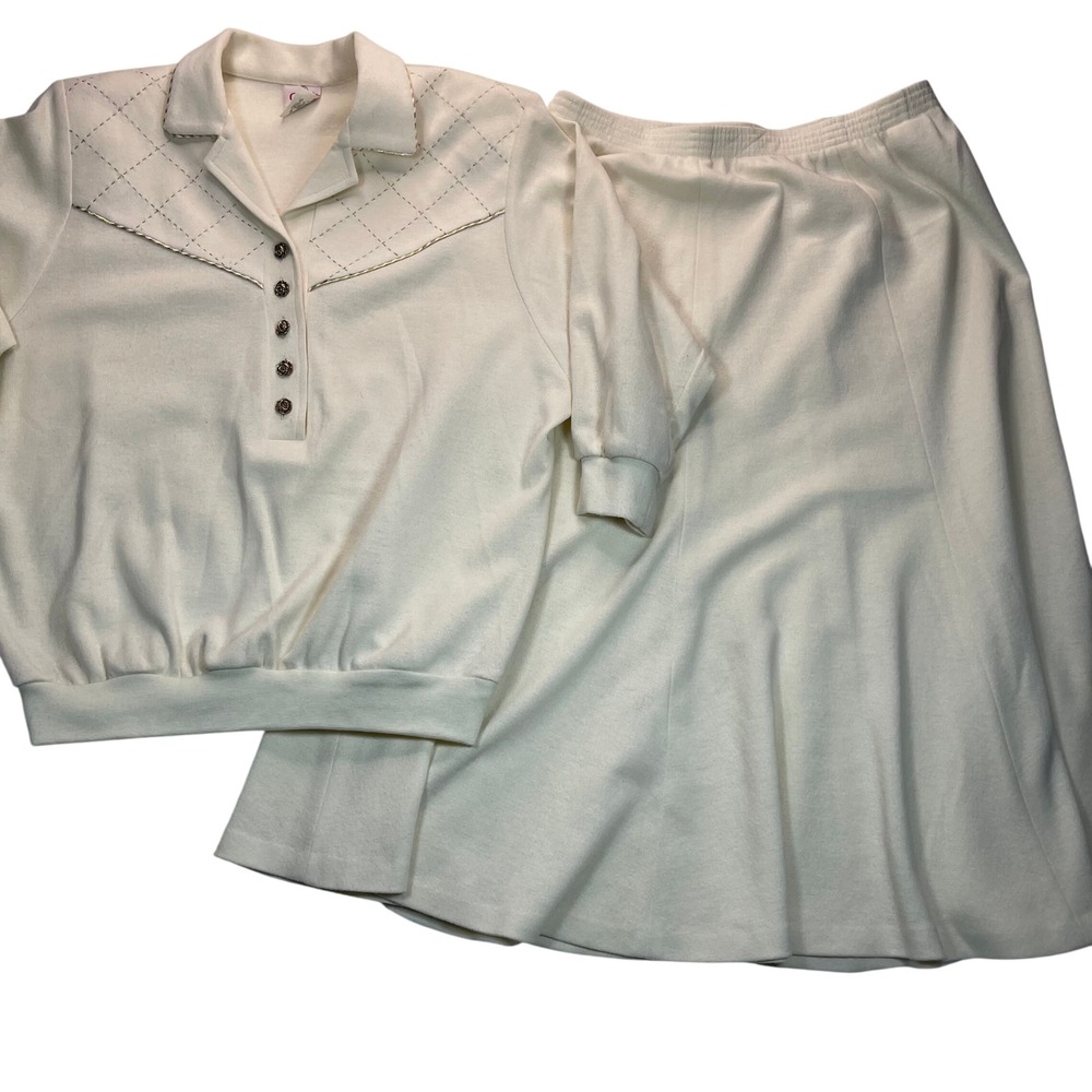 Graff 2‎ Pc Skirt Set Womens M Cream Vtg Quilted Retro Grandma 70's 80's Modest